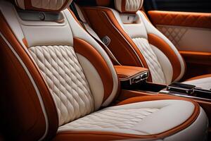 ai genererad salong av en modern bil inuti, orange-vit säten. sida se, närbild, selektiv fokus foto