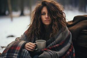 ai genererad skön ung kvinna i en värma stickat filt dricka en varm dryck medan Sammanträde på en bänk utomhus på en vinter- dag foto