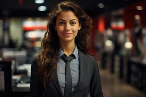 ai genererad porträtt av en eleganta ung kvinna försäljare eller ägare i en kostym Framställ i en Kläder Lagra och ser på kamera. affär, försäljning företag foto