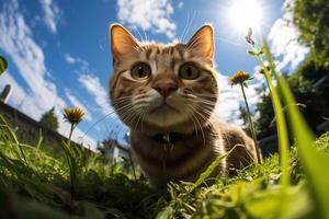 ai genererad nyfiken rolig katt röd sällskapsdjur på gräsmatta på solig dag, djur- huvud fisköga låg vinkel se foto