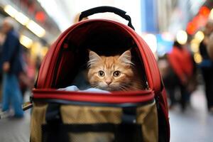 ai genererad söt sällskapsdjur ingefära kattunge kikar ut av en bärande låda utomhus, transport ett djur- foto