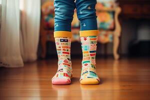 ai genererad närbild av barns fötter i färgrik rolig strumpor stående inomhus. udda strumpor dag, anti mobbning vecka social begrepp foto