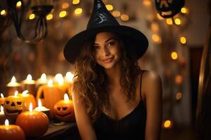 ai genererad halloween leende charmig ung caucasian kvinna i häxa hatt med pumpor och ljus inomhus ser på kamera foto