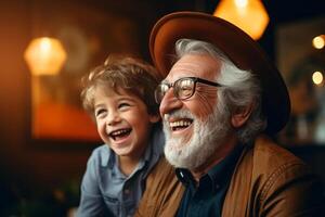 ai genererad familj positiv livsstil porträtt, skrattande farfar och barnbarn tillsammans. glad liten pojke kramas Lycklig eleganta farfar i glasögon och hatt inomhus, ser bort foto