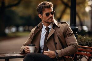 ai genererad stilig eleganta man i brun täcka och glasögon Sammanträde i gata Kafé innehav kopp av kaffe och ser bort, utomhus foto