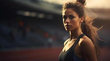 ai genererad allvarlig stark atletisk ung kvinna på stadion, kopia Plats foto