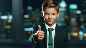 ai genererad porträtt av stilig framgångsrik caucasian pojke små affärsman i kostym som visar tycka om eller ok gest medan stående på företag bakgrund foto