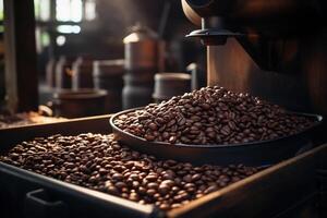 ai genererad brun kaffe bönor på de växt. stekning, kaffe produktion foto