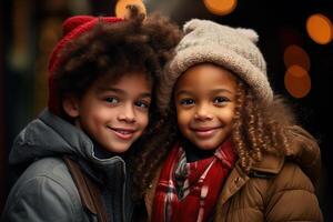 ai genererad söt afrikansk amerikan barn bror och syster tillsammans på bakgrund av bokeh krans ha utomhus på vinter- dag ser på kamera foto