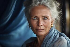 ai genererad senior kvinnlighet, porträtt av ett äldre skön erfaren kvinna med grå hår på en blå tyg bakgrund ser på kamera foto