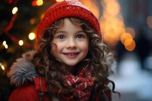 ai genererad leende söt bebis lockigt flicka i festlig röd hatt på de bakgrund av krans bokeh utomhus, barnslig jul porträtt foto