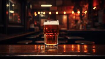 ai genererad glas av skummig öl på bar disken av en pub foto