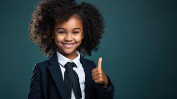 ai genererad positiv afro amerikan flicka i jacka med slips som visar tycka om eller ok gest, leende smart skol tumme upp på mörk blå bakgrund med kopia Plats foto