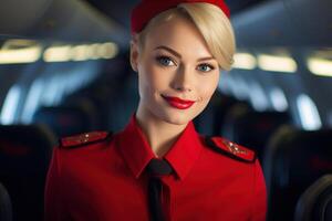ai genererad leende ung kvinna professionell flyg skötare eller flyg skötare i en röd enhetlig på styrelse ett flygplan. luft service, resa och turism begrepp foto