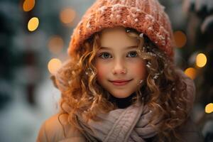 ai genererad porträtt av söt caucasian leende flicka i ytterkläder på jul bokeh bakgrund utomhus på vinter- snöig dag ser på kamera foto