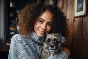 ai genererad söt afro amerikan ung kvinna i värma Tröja kramas fluffig hund, ägare med liten älskad sällskapsdjur inomhus. människor och djur foto