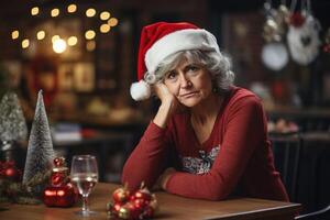 ai genererad ensam gammal människor. ledsen äldre kvinna bär röd santa hatt Sammanträde ensam i Hem för jul högtider foto
