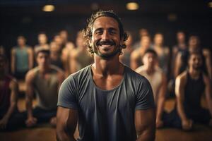ai genererad grupp meditation och yoga. porträtt av Lycklig stilig vuxen manlig tränare praktiserande träna i Gym foto