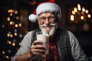 ai genererad positiv senior man i en röd santa hatt innehav en glas av mjölk inomhus mot bakgrund av en jul träd. torr januari eller nykter xmas Semester begrepp foto