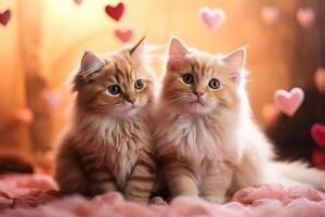 ai genererad par av söt fluffig kattungar, kärleksfull husdjur tillsammans på en romantisk bakgrund. romantik, valentines dag, Semester begrepp foto