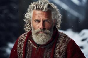 ai genererad herr- vinter- mode, porträtt av en stilig allvarlig senior man i en värma stickat mysigt Tröja i en snöig skog foto