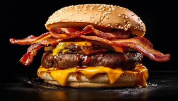 ai genererad grillad burger med ost, bacon, och färsk tomat på bulle genererad förbi ai foto