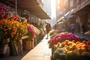 ai genererad blomma marknadsföra på de solig gata av de stad - leva skära buketter är såld på utomhus- bås. ai genererad foto