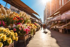 ai genererad blomma marknadsföra på de solig gata av de stad - leva skära buketter är såld på utomhus- bås. ai genererad foto