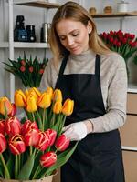 ai genererad kvinna blomsterhandlare samlar en bukett av tulpaner - färsk skära blommor i lådor och vaser i blomma affär och kuggstänger för försäljning, leverans för de Semester. vår, Mars 8, kvinnors dag, födelsedag. foto