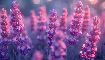 ai genererad lavendel- fält på solnedgång. närbild av lavendel- växt blomning under de Sol under sommartid. lila blommor från aromatisk växt lavendel. lavendel- och solnedgång foto