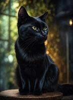 ai genererad porträtt av en svart katt med gul ögon på en mörk bakgrund. ai generativ foto