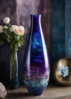 ai genererad färgrik dekorativ glas vas med grön och blå mönster på de tabell. stänga upp. ai generativ foto