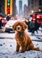 ai genererad söt nova skotska Anka vägtullar retriever hund Sammanträde på en snöig gata. ai generativ foto