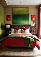ai genererad interiör av klassisk sovrum, bekväm kung storlek säng. ai generativ foto