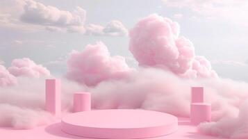 ai genererad bakgrund med rosa podium. de himmel plattform med pastell moln. genererad förbi artificiell intelligens. foto