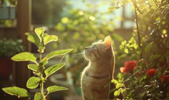 ai genererad lugn katt njuter solnedgång i frodig trädgård foto