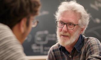 ai genererad engagerad senior professor i diskussion med en manlig studerande i klassrum miljö foto