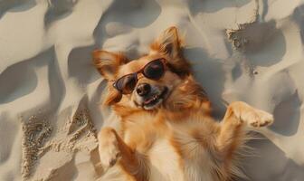 ai genererad Lycklig hund bär solglasögon avkopplande på de strand sand foto