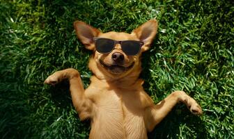 ai genererad glad corgi hund med solglasögon liggande på grön gräs foto
