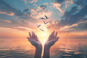 ai genererad kvinnas hand med flygande seagulls och en solnedgång himmel bakgrund. foto