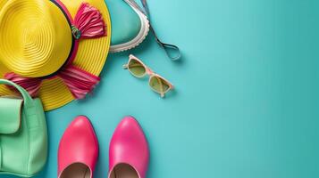 ai genererad sommar Tillbehör, handväska, skor, hatt och glasögon isolerat på ljus blå bakgrund foto