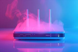 ai genererad trådlös router med blå och rosa neon lampor foto