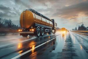 ai genererad olja lastbil på de motorväg på solnedgång. transport och logistik begrepp. foto