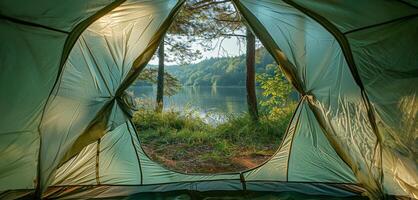 ai genererad morgon- se från inuti en tält i en fredlig äng foto