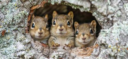 ai genererad östra chipmunks kikar från träd ihålig i skog foto