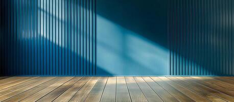 ai genererad tömma modern rum av blå persienner vägg och trä- golv bakgrund foto