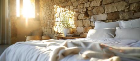 ai genererad modern levande rum sovrum med framträdande sten vägg känsla modernitet och avslappning begrepp foto