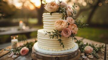 ai genererad elegant bröllop kaka Utsmyckad med blommor foto