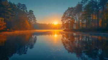 ai genererad reflektioner av träd i vatten på solnedgång foto