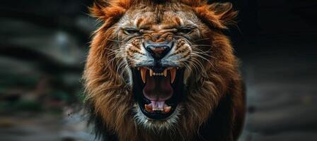 ai genererad majestätisk lejon s kraftfull ryta resonerar genom de omfattande afrikansk savann slätter foto